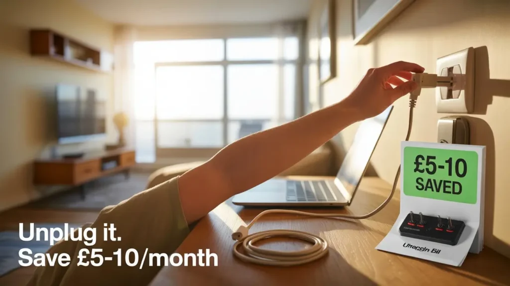 Free energy saving hack for renters UK — hand unplugging phone charger, laptop charger coiled, TV and gaming console power strip off.