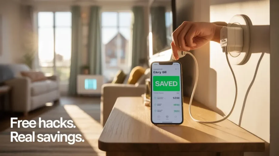 Free energy saving hacks for renters UK — hand unplugging phone charger, smart plug on radiator, curtains open for natural light.