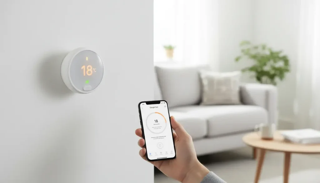 Google Nest Thermostat E for energy saving UK — smart thermostat on wall with Nest Leaf icon, app control.