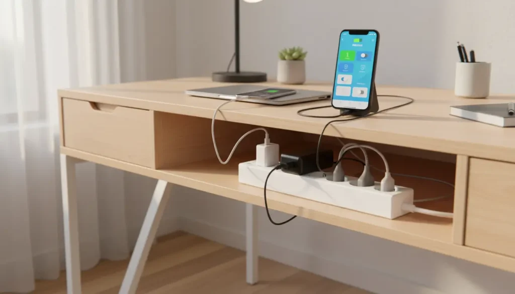 Meross smart power strip for energy saving UK — 4 AC outlets, 4 USB ports, individual outlet control in home office.