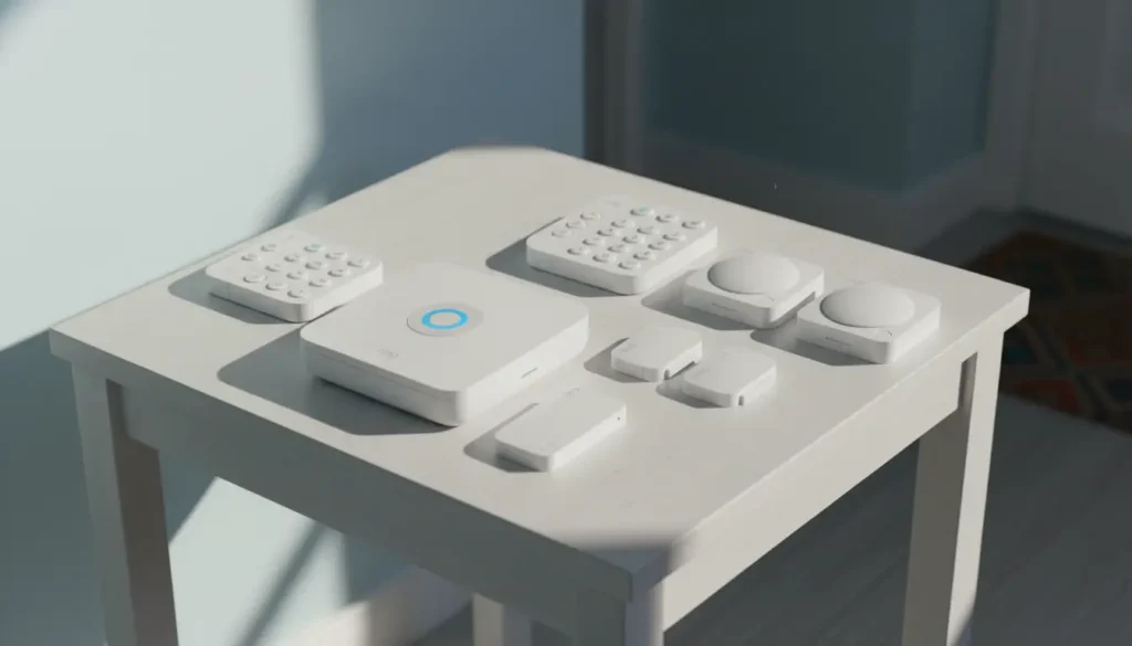 ring-alarm-pack-m-wireless-home-alarm-renters-uk Ring Alarm Pack M wireless home alarm system for renters UK — adhesive mounts, no drilling, whole-flat protection.