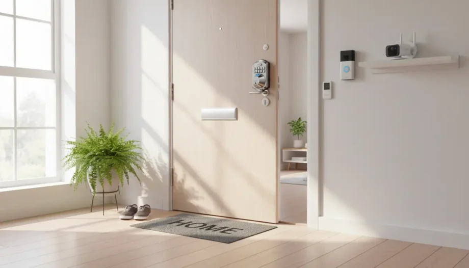 Best smart home security gadgets for renters UK 2026 — TEEHO smart lock, Ring video doorbell, eufy security camera, Ring Alarm keypad, Tapo door sensor in modern rented flat.