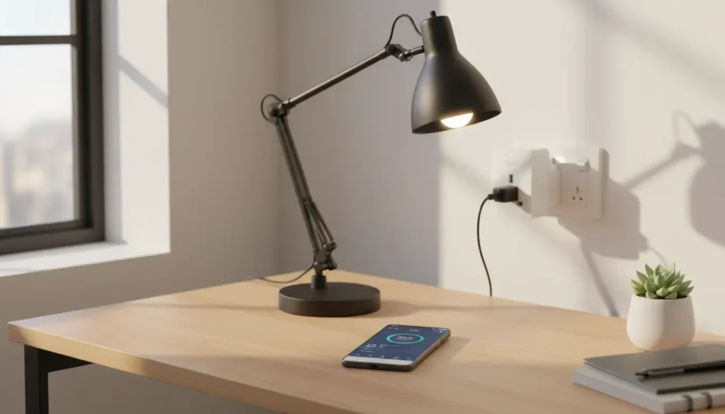Tapo P100 smart plug for energy saving UK — #1 Best Seller, connected to desk lamp, app control visible.