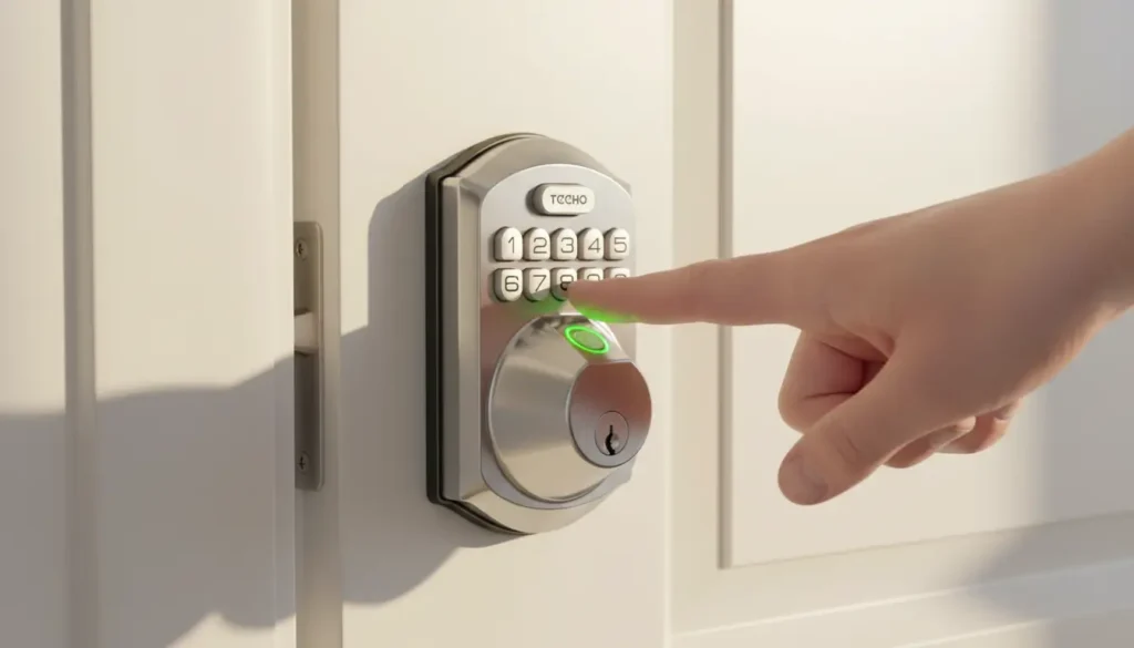 teeho-te002-fingerprint-smart-lock-renters-uk TEEHO TE002 fingerprint smart lock for renters UK — satin nickel finish, fingerprint scanner glowing green on white door.