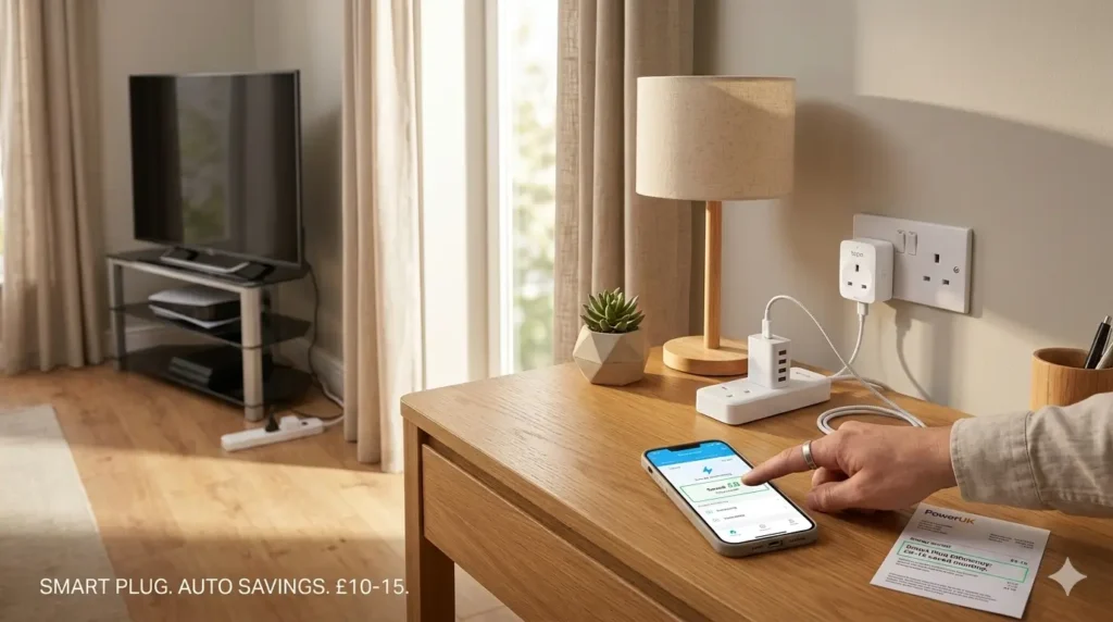 TP-Link Tapo P100 smart plug for renters UK — energy monitoring on phone app, connected to phone charger and lamp, £8 saved this month.