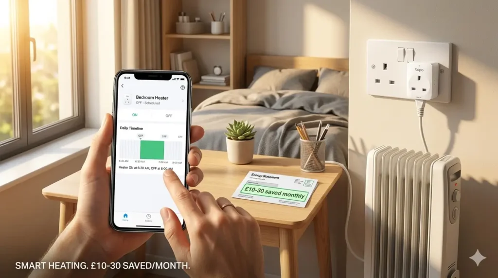 TP-Link Tapo smart plug for heating control — electric heater plugged into smart plug, phone app showing schedule, £10-30 saved monthly.