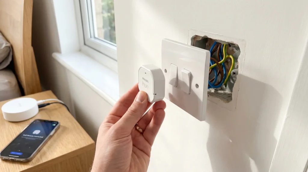 Philips Hue Wall Switch Module for renters UK — retrofits behind existing light switch, no rewiring needed. Works with Hue Bridge. Landlord-friendly, leaves no trace.