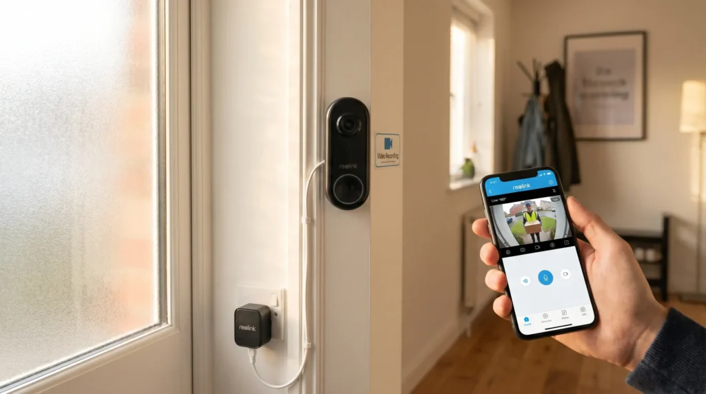 Reolink wired video doorbell for renters UK — plug-in adapter connects to standard wall socket, no existing doorbell wiring needed. Live 180° view on phone app. Adhesive mount, landlord-friendly.