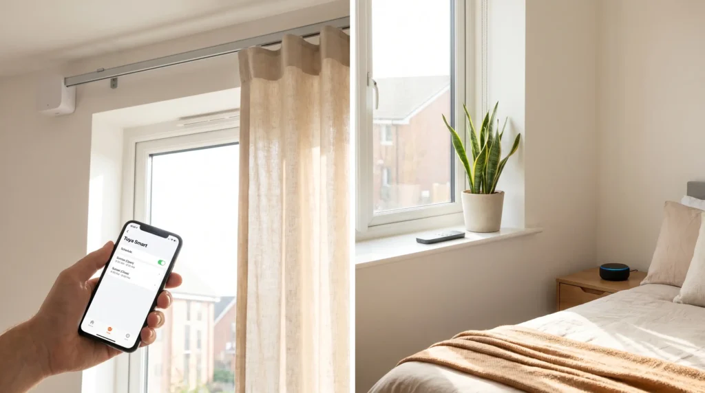 Smart electric curtain system for renters UK — automated curtains controlled by phone app and remote. Sunrise schedule, Alexa compatible. Minimal drilling, renter-friendly.