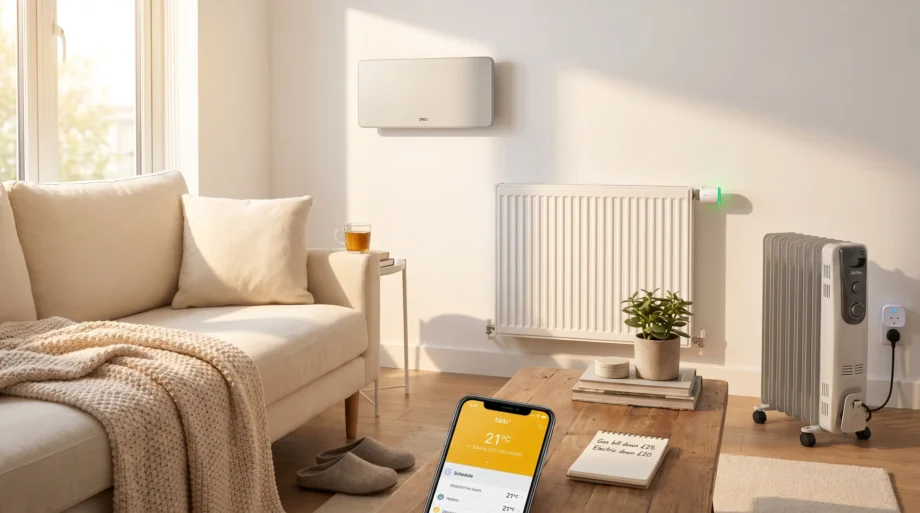 Smart heating control for renters UK 2026 — TP-Link Kasa KE100 radiator valve, Dreo wall heater, Air Pro oil-filled radiator, smartphone showing tado° app with savings.