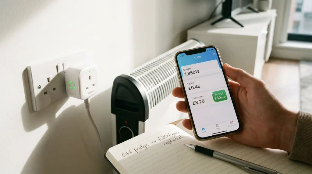 Tapo P110 smart plug with energy monitoring for renters UK — #1 Best Seller. Shows real-time power usage on app, heater plugged in, savings badge £80/year. No drilling, plug and play.