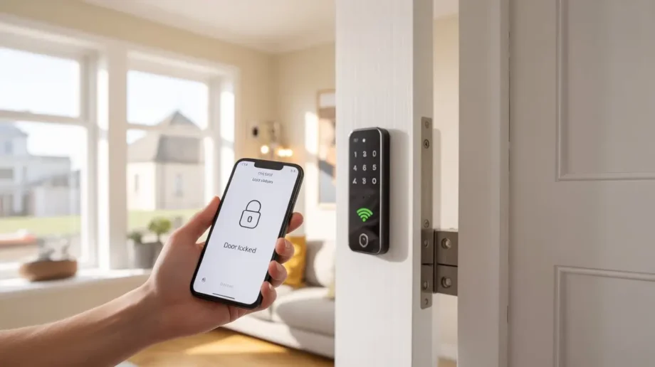 ULTRALOQ U-Bolt WiFi Smart Lock Review — built-in WiFi keypad on white UPVC door with smartphone app showing locked status