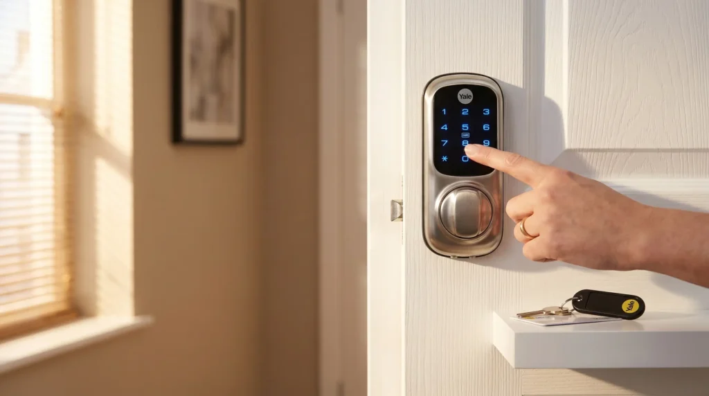 Yale Keyless Connected Smart Door Lock for renters UK — invisible smart lock mounted on inside of flat door, illuminated keypad, key card and tag nearby. No drilling, no damage, landlord-friendly.