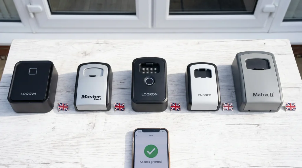 5-best-smart-key-lock-boxes-uk-featured 5 best smart key lock boxes UK — LOQOVA, Master Lock, LOQRON, ENONEO, and Matrix II arranged on white table with Union Jack pins and smartphone showing key safe app