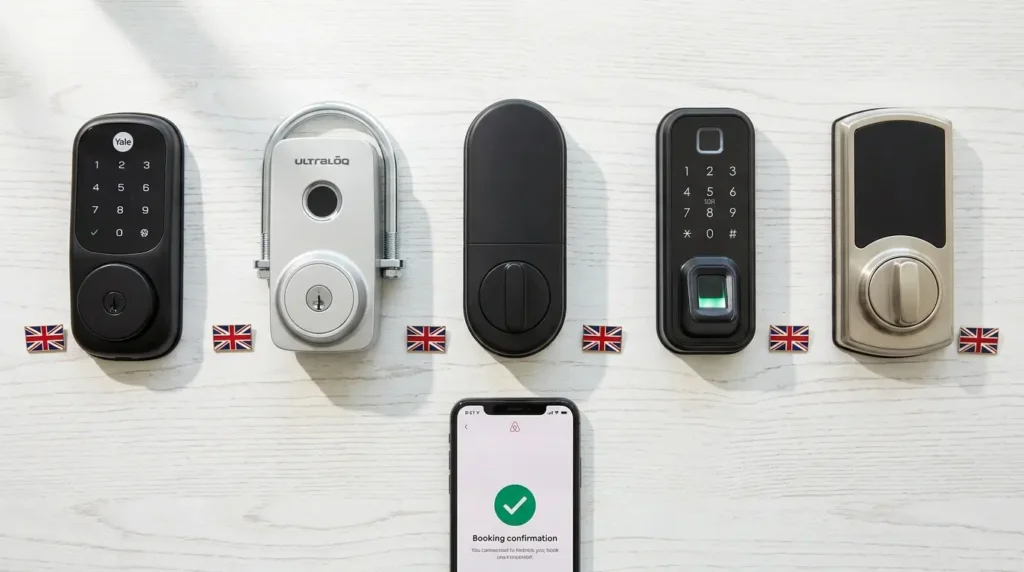 5-best-smart-locks-for-airbnb-uk-featured 5 best smart locks for Airbnb UK — Yale Assure Lock 2, ULTRALOQ U-Bolt WiFi, Simpled SF SlimSeries, Sifely Keyless Entry, and TEEHO TE002 arranged on white table with Union Jack pins and smartphone showing Airbnb booking confirmation