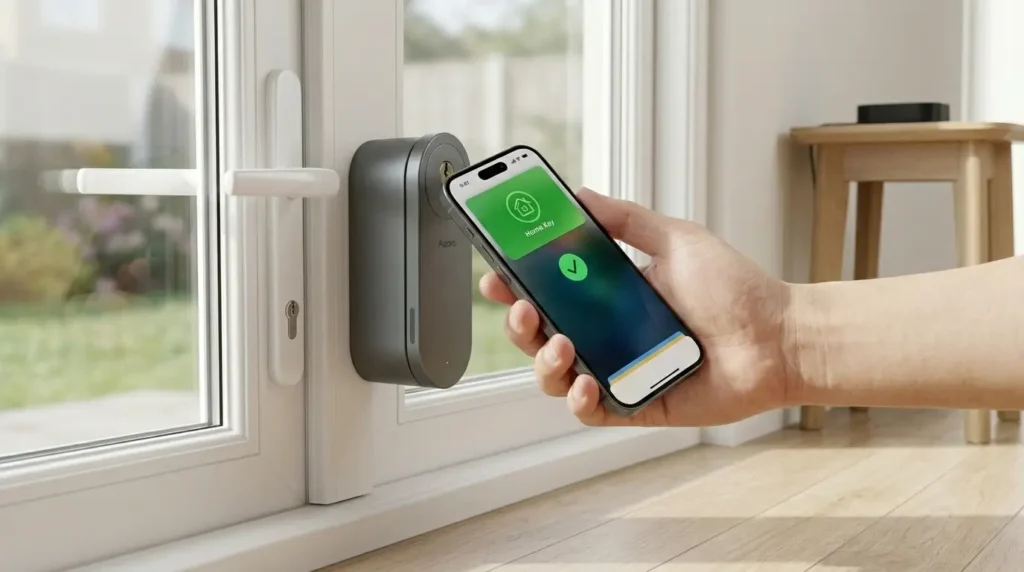 Aqara Smart Lock U200 Review UK — Apple Home Key feature, iPhone tapping lock with Wallet app showing Home Key unlocked notification