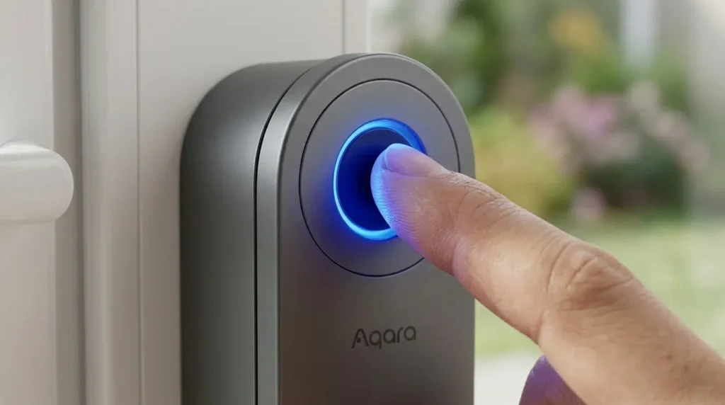 Aqara Smart Lock U200 Review UK — fingerprint sensor glowing blue, finger pressing sensor, macro close-up shot showing fast unlock