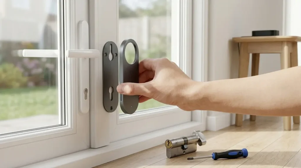 Aqara Smart Lock U200 Review UK — installation process, attaching mounting plate, no drilling required, old thumb turn removed