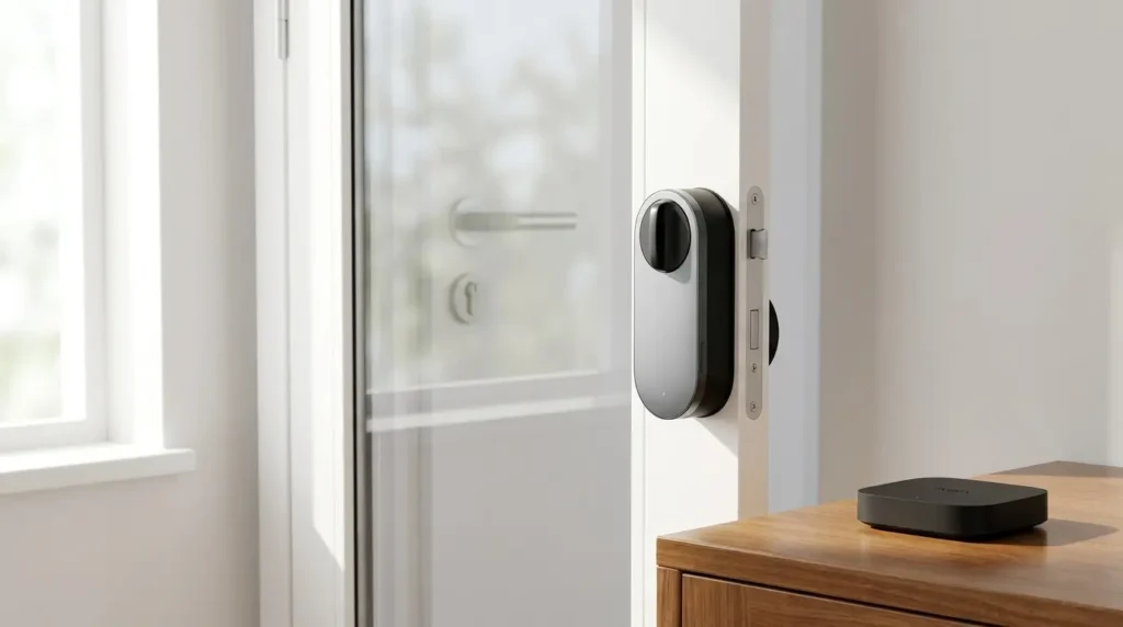 Aqara Smart Lock U200 Review UK — lock mounted on inside of white UPVC door with Hub M3 next to it, outside looks normal, no drilling