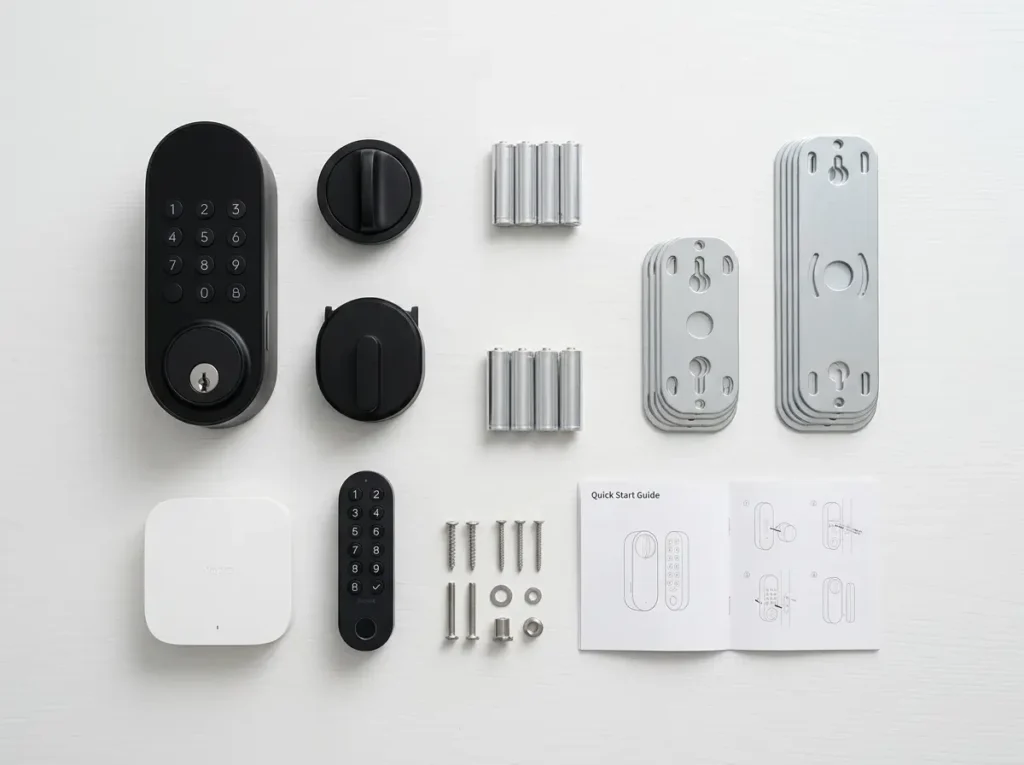 Aqara Smart Lock U200 Review UK — what's in the box: lock, Hub M3, batteries, mounting plates, screws, and quick start guide on white table
