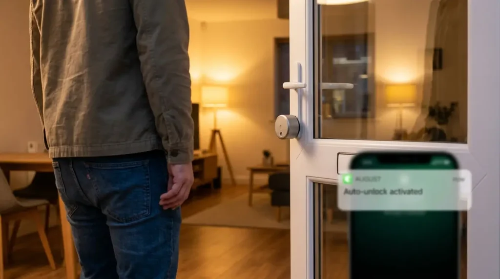 august-smart-lock-auto-unlock August Smart Lock Review UK — auto-unlock feature, person approaching door with phone in pocket, lock unlocks automatically