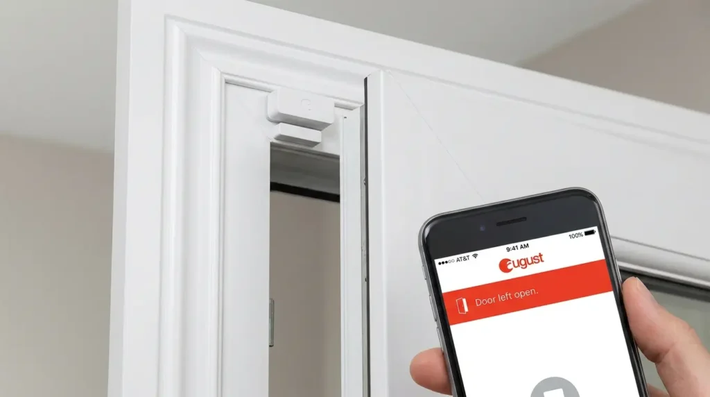 august-smart-lock-doorsense-sensor August Smart Lock Review UK — DoorSense sensor on door frame with smartphone app showing door left open alert