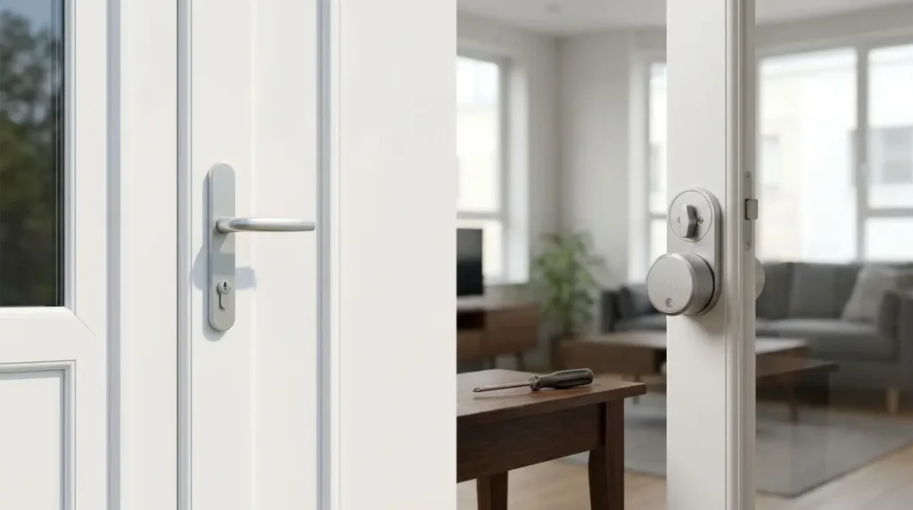 august-smart-lock-installation-inside-door August Smart Lock Review UK — installation on inside of white UPVC door, outside looks normal, no drilling, landlord never knows