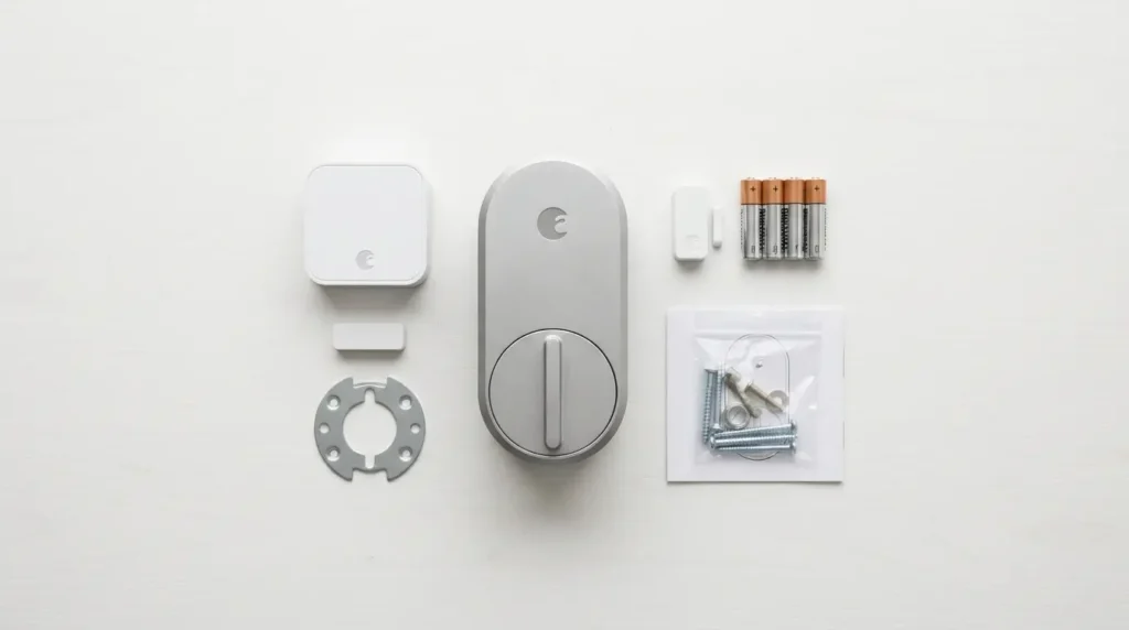 august-smart-lock-whats-in-the-box August Smart Lock Review UK — what's in the box: smart lock, Wi-Fi bridge, DoorSense sensor, batteries, mounting plate, screws, and manual on white table
