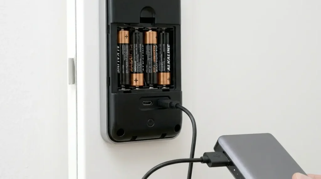 harfo-smart-lock-battery-backup Harfo Smart Lock Review UK — battery compartment with AA batteries and USB emergency port with power bank plugged in