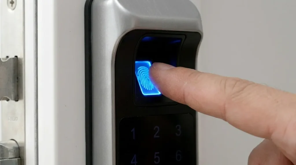 harfo-smart-lock-fingerprint-sensor Harfo Smart Lock Review UK — fingerprint sensor glowing blue, finger pressing sensor, macro close-up shot