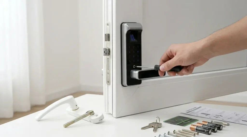 harfo-smart-lock-installation. Harfo Smart Lock Review UK — installation process, attaching lock with screwdriver, no drilling required, old handle removed