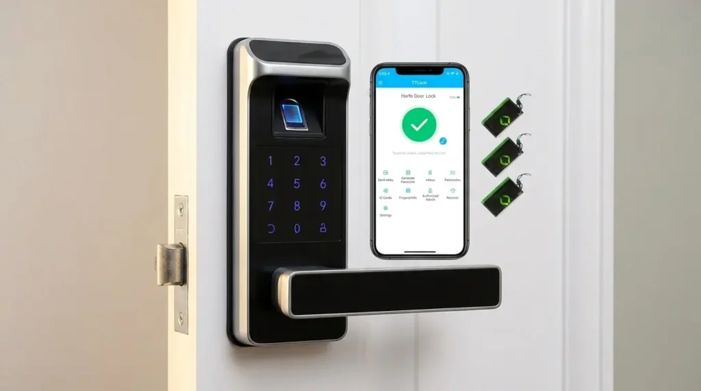 harfo-smart-lock-what-is-brand Harfo Smart Lock Review UK — budget smart lock mounted on white UPVC door with smartphone showing app, no drilling required