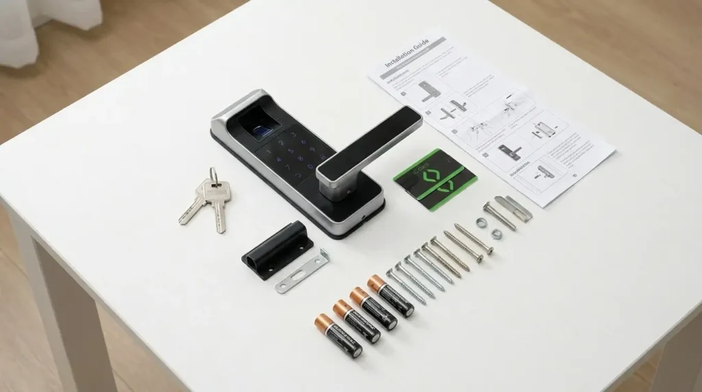 harfo-smart-lock-whats-in-the-box Harfo Smart Lock Review UK — what's in the box: lock, 2 keys, 2 IC cards, screws, batteries, and manual on white table
