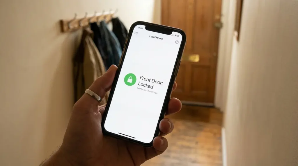 level-lock-app-iphone-lock-status-uk iPhone showing Level Home app lock status — Level Lock smart lock app UK