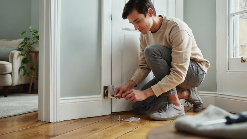 level-lock-installation-uk-renter-no-drilling Person installing Level Lock inside deadbolt in UK rented flat — no drilling required