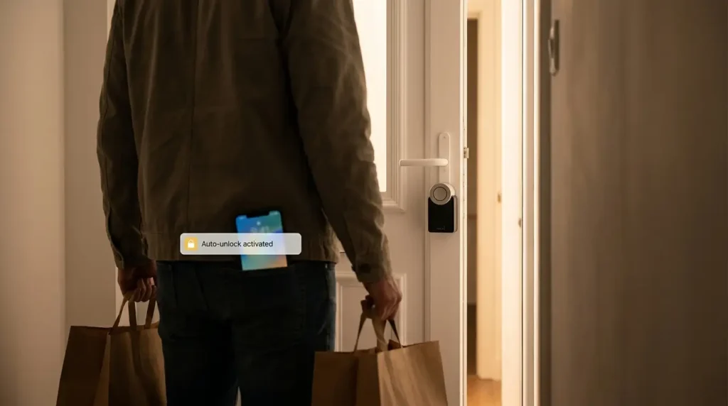 nuki-smart-lock-pro-auto-unlock Nuki Smart Lock Pro Review UK — auto-unlock feature, person with shopping bags approaching door, phone in pocket, lock unlocks automatically