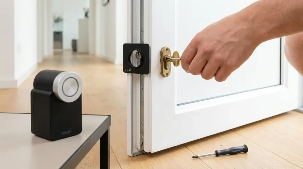 nuki-smart-lock-pro-installation. Nuki Smart Lock Pro Review UK — installation process, removing old thumb turn, attaching mounting plate with adhesive, no drilling required