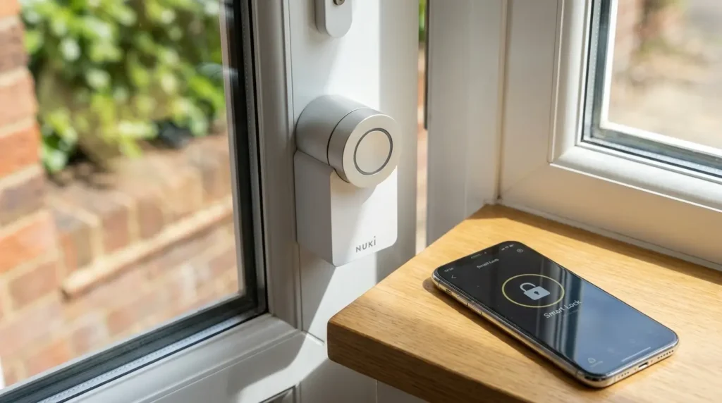 nuki-smart-lock-pro-what-is Nuki Smart Lock Pro Review UK — lock mounted on inside of white UPVC door, outside looks normal, no drilling, landlord never knows