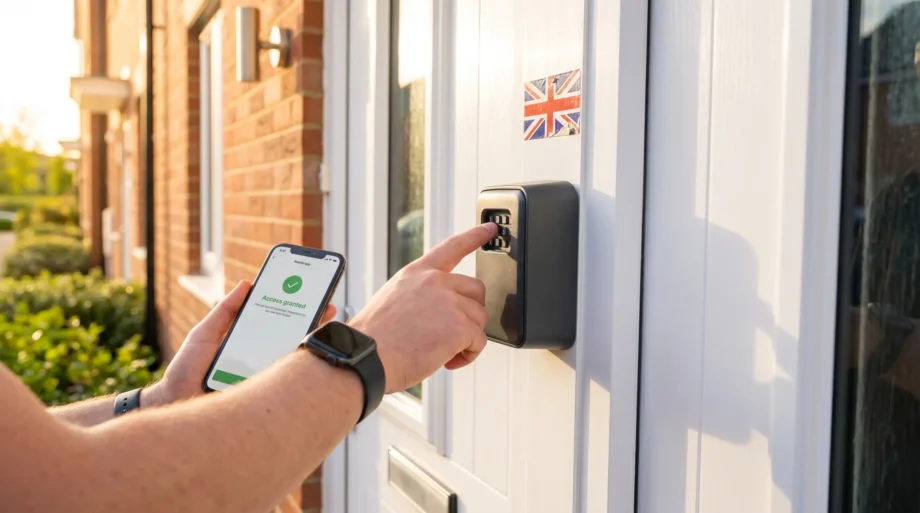 Smart Key Lock Box UK — keypad on white UPVC door with smartphone showing access granted notification and Union Jack sticker