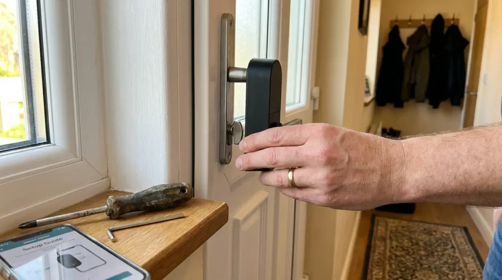 smart-lock-diy-installation-steps-tools Close-up photorealistic view of a DIY renter-friendly smart lock installation on a white UK uPVC front door, featuring essential tools and a smartphone app setup.