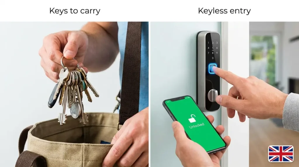 Smart Lock vs Traditional Lock UK convenience comparison — traditional lock requires carrying keys (frustration), smart lock offers keyless fingerprint entry (relief), Union Jack sticker visible
