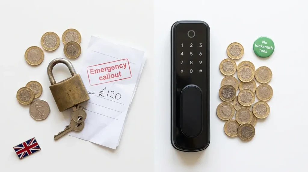 Smart Lock vs Traditional Lock UK cost comparison — traditional lock has £120 locksmith receipt, smart lock has no locksmith fees, Union Jack pin visible
