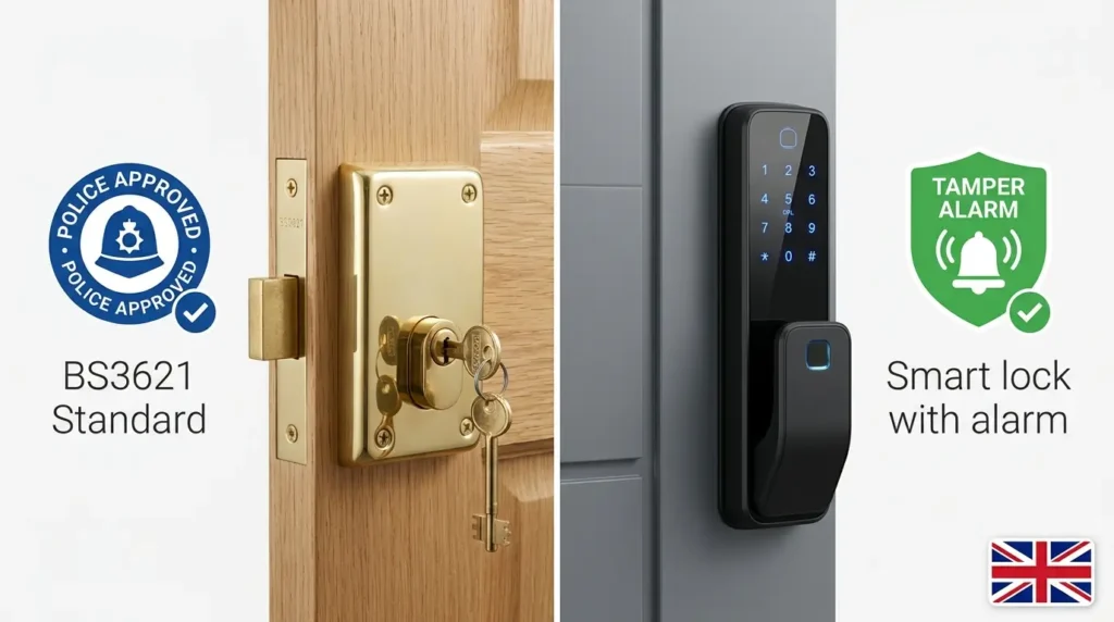Smart Lock vs Traditional Lock UK police recommendation — traditional BS3621 lock with police approved badge, smart lock with tamper alarm shield, Union Jack sticker visible