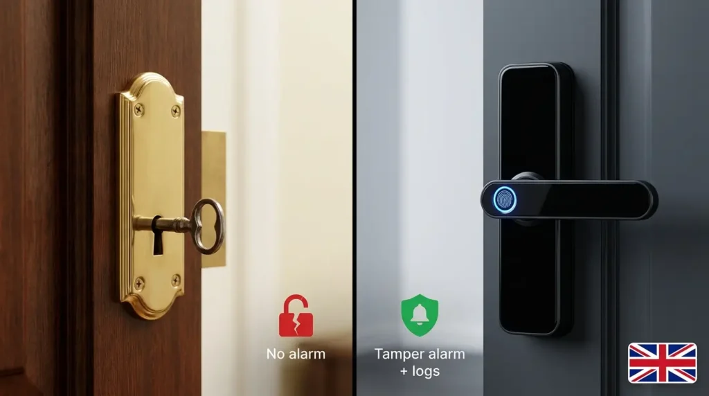 Smart Lock vs Traditional Lock UK security comparison — traditional lock has no alarm, smart lock offers tamper alarm and unlock logs, Union Jack sticker visible