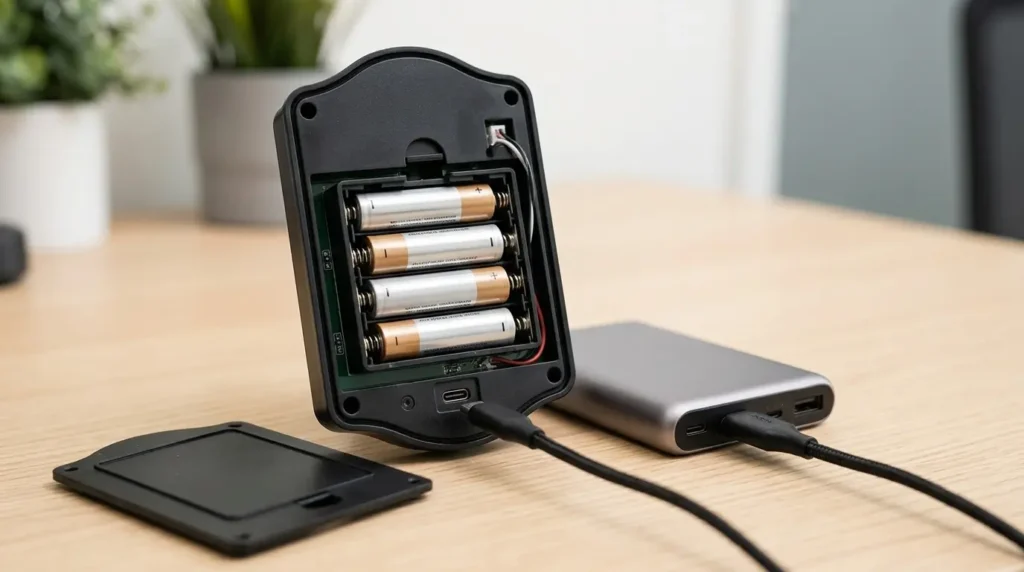 solity-smart-lock-battery-backup Solity Smart Lock Review UK — battery compartment with AA batteries and USB-C emergency port with power bank plugged in