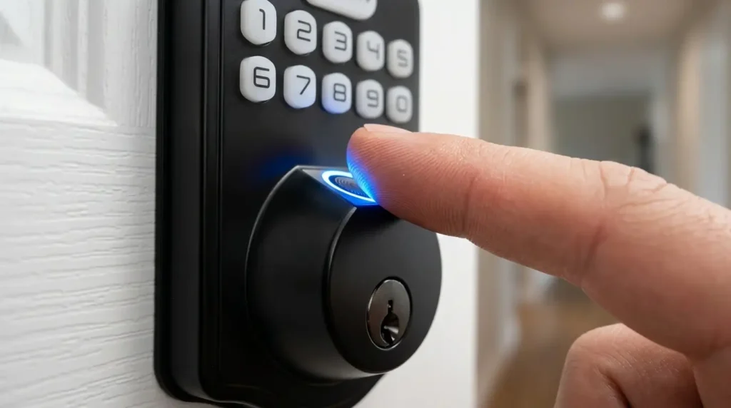 solity-smart-lock-fingerprint-sensor Solity Smart Lock Review UK — fingerprint sensor glowing blue, finger pressing sensor, macro close-up shot showing fast unlock