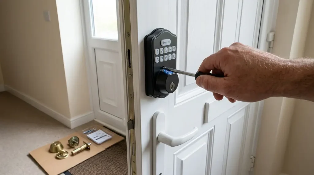 solity-smart-lock-installation Solity Smart Lock Review UK — installation process, attaching lock with screwdriver, no drilling required, old deadbolt removed