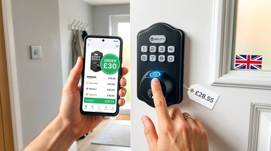 Solity Smart Lock Review UK — budget fingerprint lock on white UPVC door with finger pressing glowing blue sensor, smartphone showing under £30 badge, Union Jack sticker visible