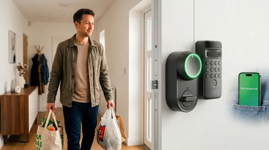 SwitchBot Smart Lock Ultra Review UK — lock mounted on white UPVC door with face recognition camera glowing green, person with shopping bags approaching, door unlocked automatically, Union Jack sticker visible