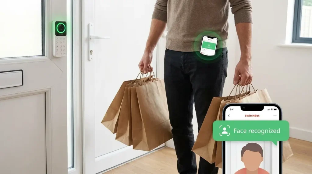 SwitchBot Smart Lock Ultra Review UK — face recognition camera glowing green, person with shopping bags approaching door, door unlocks automatically, hands-free